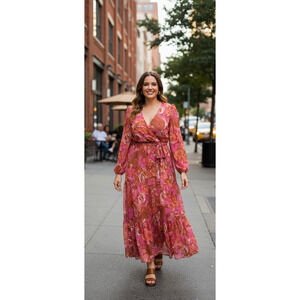 City Chic Tiered Floral Maxi Dress 12 Pink Multi – Boho, Cottage, Casual